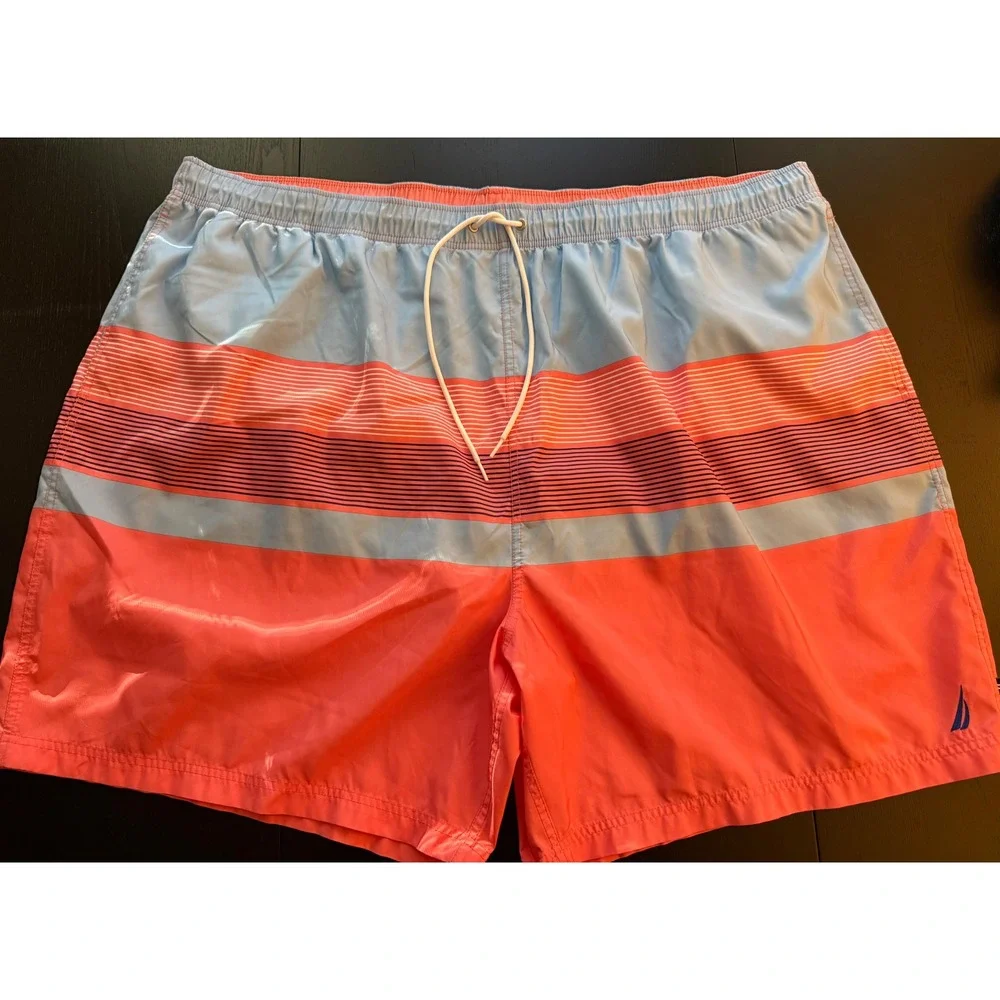 Nautica Swim‎ Trunks Mens 6XL Striped Coral/Blue Mesh-Lined Board Shorts